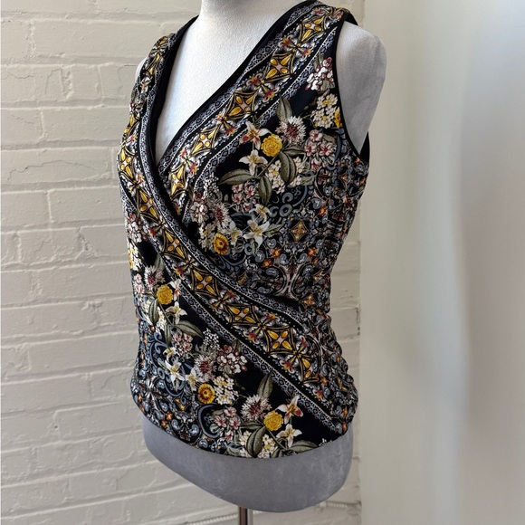 White House Black Market Multicolor Floral Reversible to Black Wrap Top - Picture 2 of 4